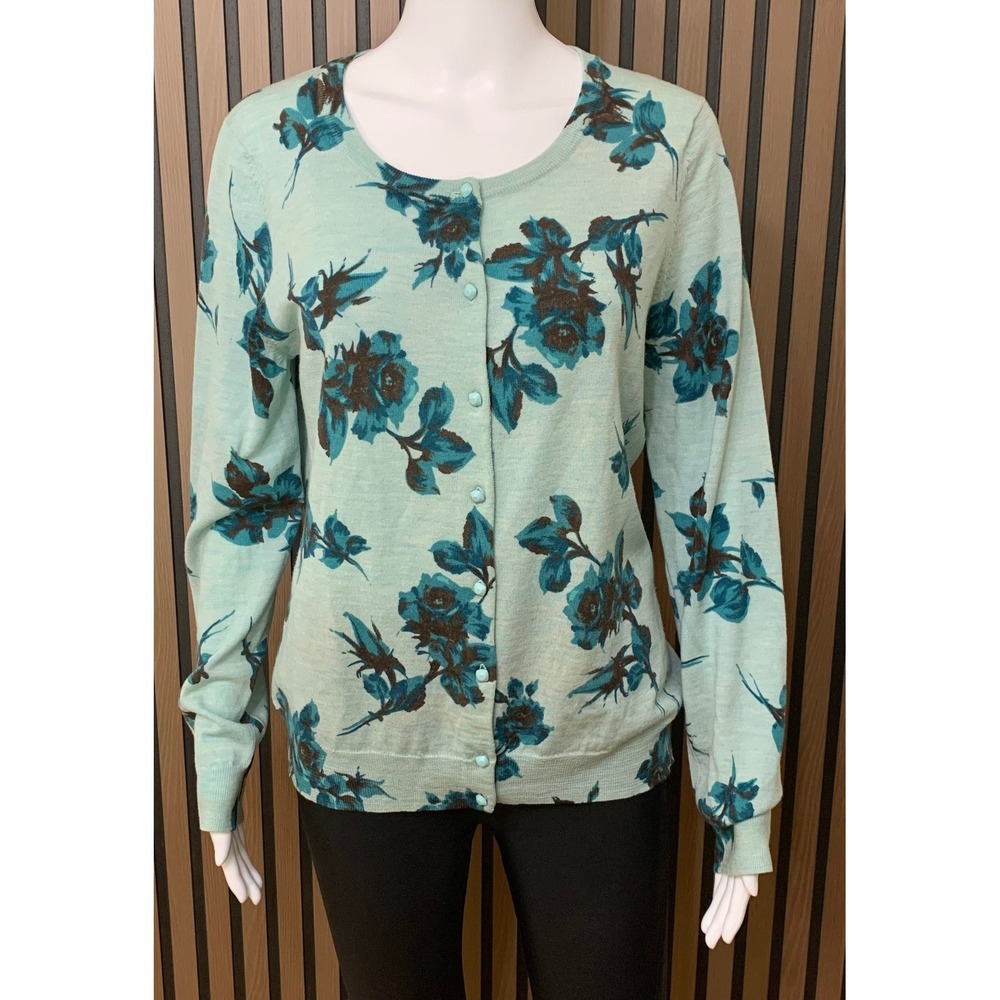 Talbots Cardigan Sweater Women's L Mint Green Floral Pure Italian Merino Wool
